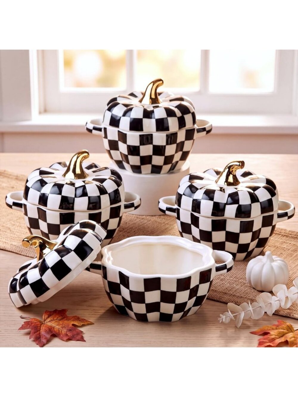Checkered Ceramic Pumpkin Soup Bowls with Lid & Handle - Set of 4, Fall Decor